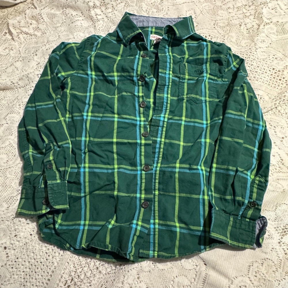 Cat‎ Jack Green Plaid Long Sleeve Button Up Shirt Kids Size M 8 10